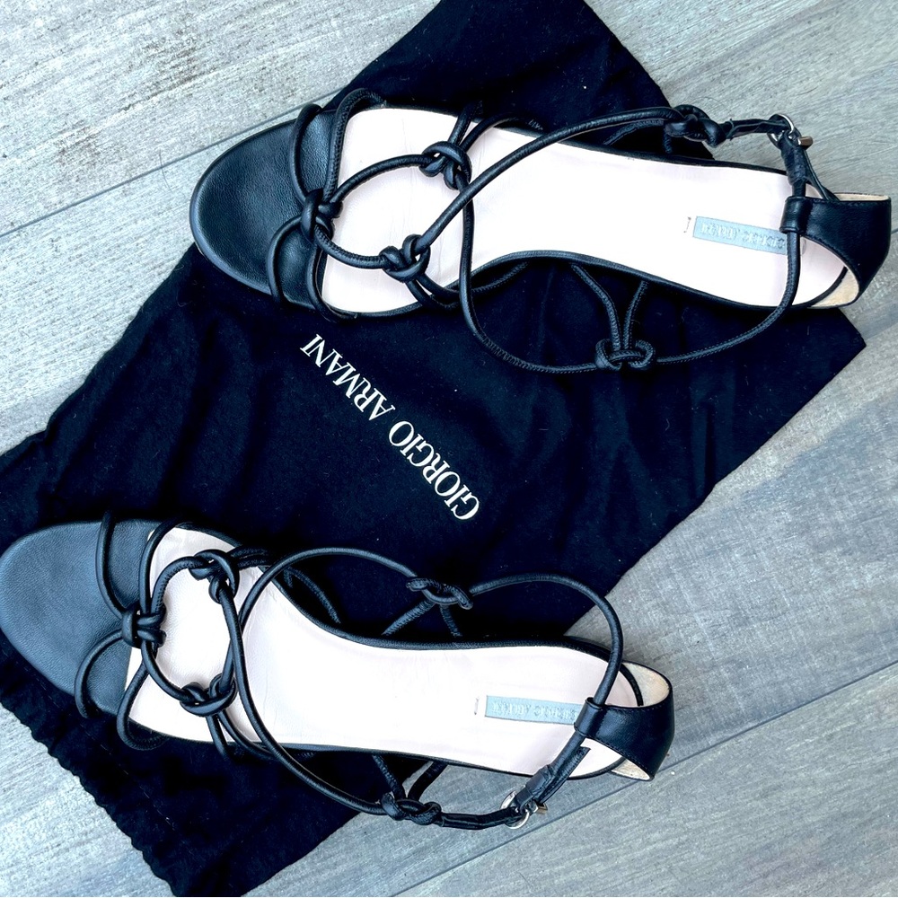 Giorgio Armani Black Leather Strappy Flat Sandals